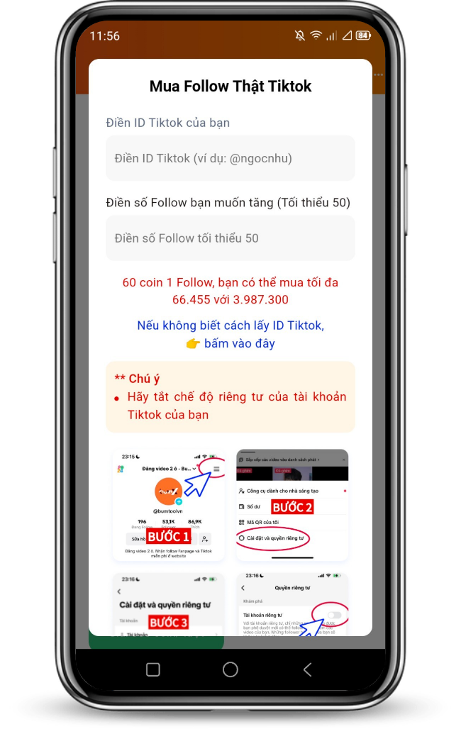 Form điền nội dung tăng follow tiktok thật