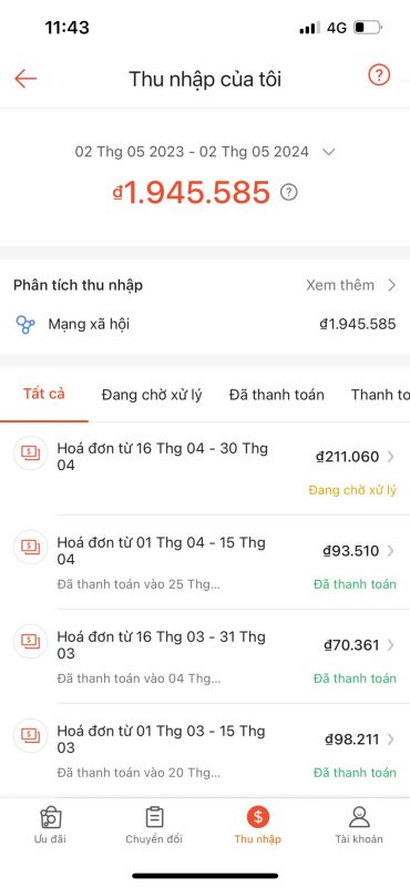 Tiền được rút từ Shopee Affiliate